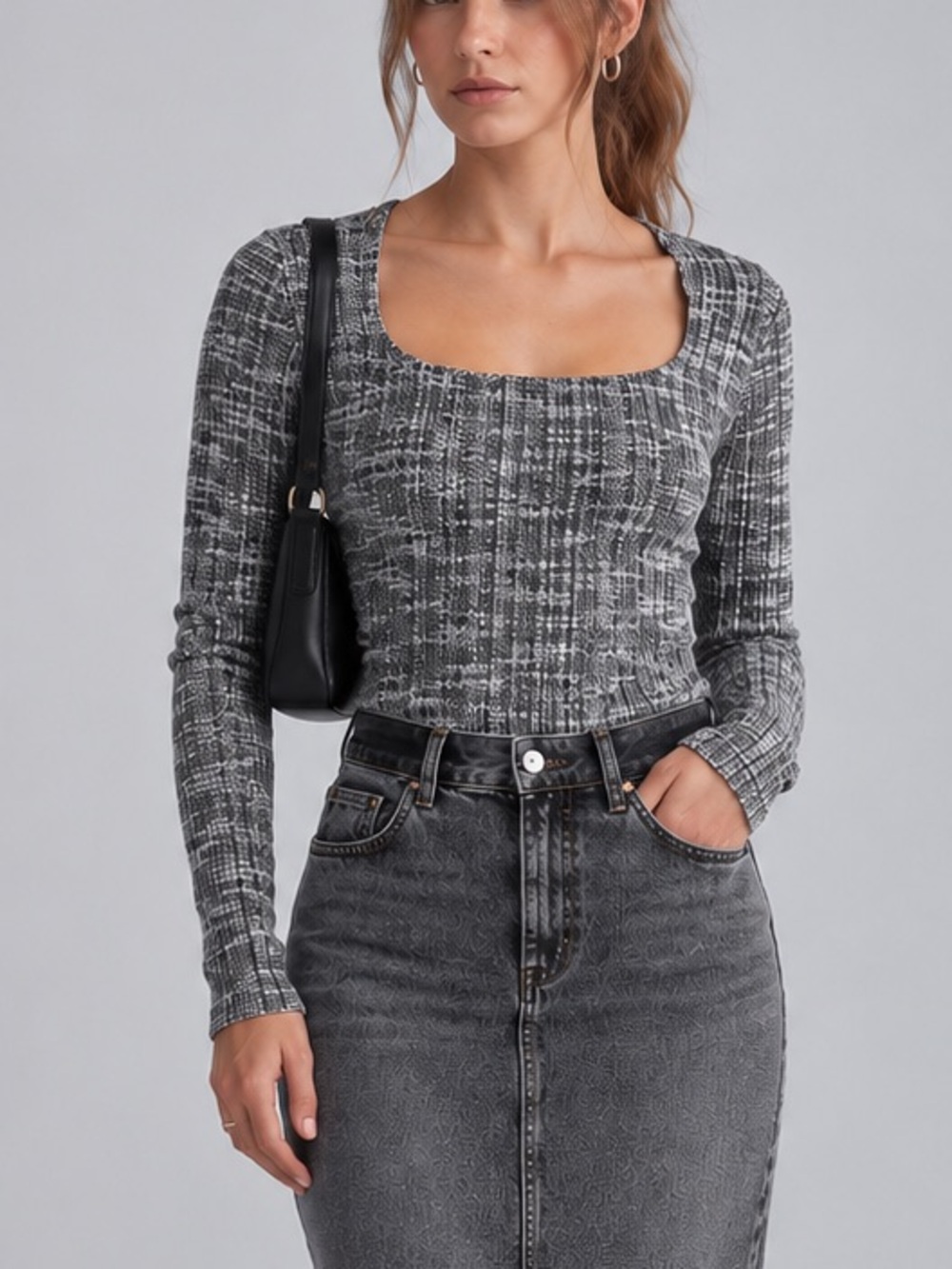 š šŖ Calvin Klein Metallic Ribbed Knit Long Sleeve Scoop Neck Top Gray Black M